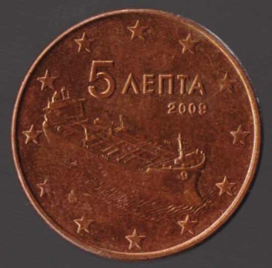 Греция 5 евроцентов 2009 года, корабль, танкер, VF